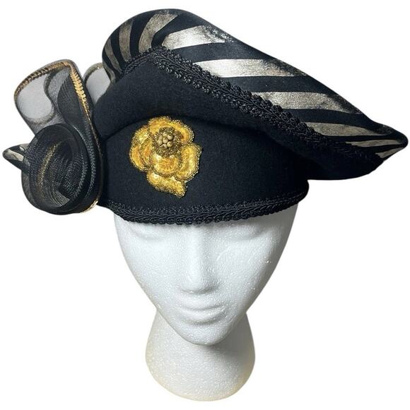 Vtg Black Hat Church Kentucky Derby Easter Milan By Charm Women’s Gold Flower main image 4